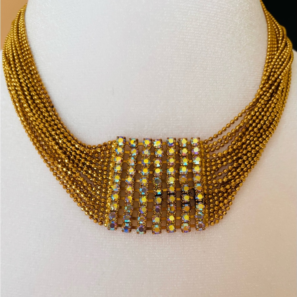 Gold Tone Multi Chain Draped Sparkling Accent 
Choker Necklace